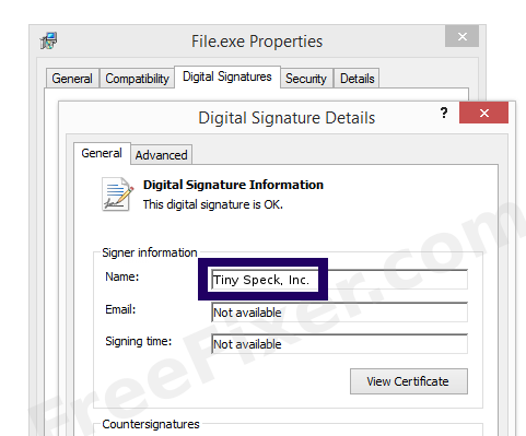 Screenshot of the Tiny Speck, Inc. certificate